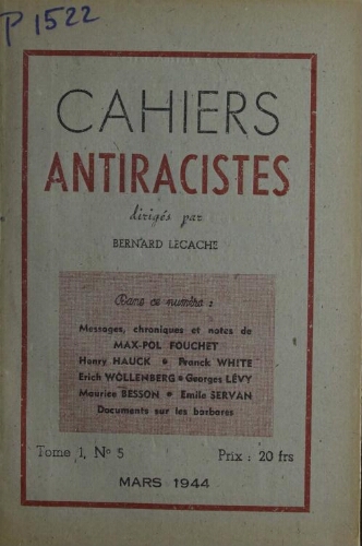Cahiers Anti-Racistes Vol.1 N°5 (Mars 1944)
